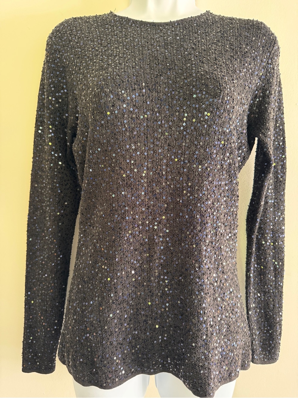 Black Silk Blend Sweater with Sparkling Black Beads and Blue Sequins